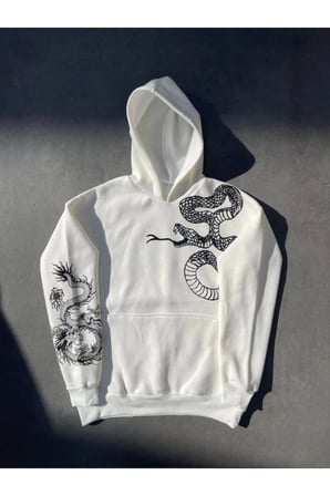 Erkek Uzun Kol Kapşonlu Baskılı SweatShirt - Beyaz