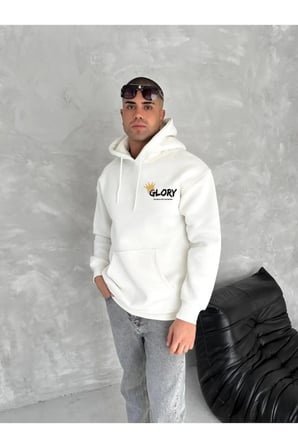 Erkek Kışlık Üç İplik Kapşonlu SweatShirt - Beyaz
