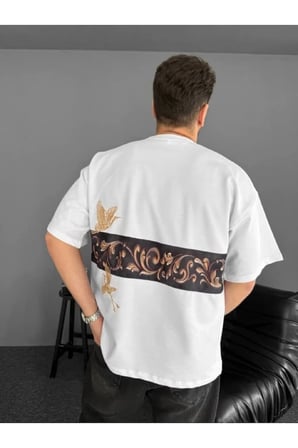 Erkek Ön Ve Arka Baskılı Oversize Bisiklet Yaka T-shirt - Beyaz