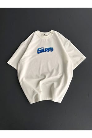 Erkek Ön Ve Arka Baskılı Oversize Bisiklet Yaka T-shirt- Beyaz