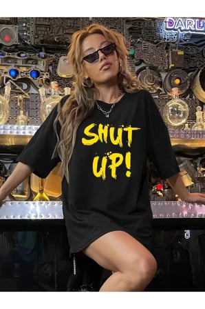 Kadın Baskılı Oversize Bisiklet Yaka T-shirt - Siyah