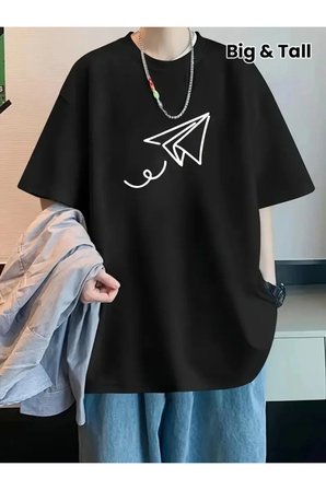 Erkek Baskılı Oversize Bisiklet Yaka T-shirt - Siyah