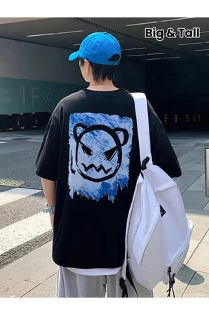 Erkek Baskılı Oversize Bisiklet Yaka T-shirt - Siyah