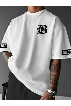Erkek Baskılı Oversize Bisiklet Yaka T-shirt - Beyaz