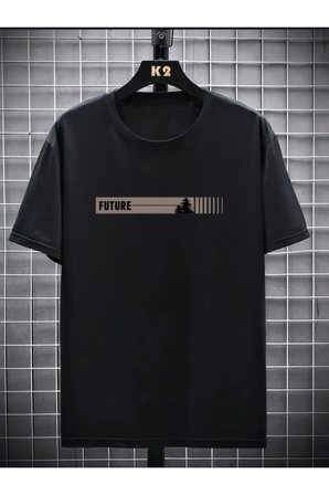 Erkek Baskılı Oversize Bisiklet Yaka T-shirt - Siyah