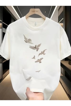 Erkek Baskılı Oversize Bisiklet Yaka T-shirt - Beyaz