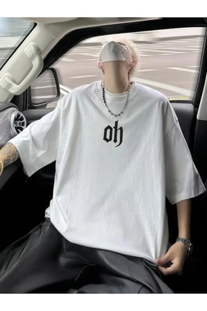 Erkek Baskılı Oversize Bisiklet Yaka T-shirt - Beyaz