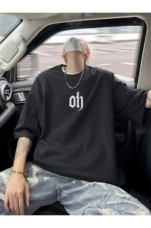 Erkek Baskılı Oversize Bisiklet Yaka T-shirt - Siyah
