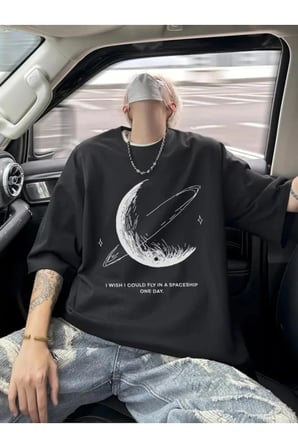 Erkek Baskılı Oversize Bisiklet Yaka T-shirt - Siyah