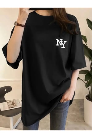Kadın Baskılı Oversize Bisiklet Yaka T-shirt - Siyah