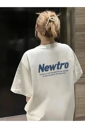 Kadın Baskılı Oversize Bisiklet Yaka T-shirt - Beyaz
