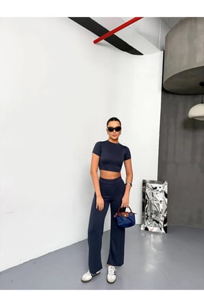 Kadın Osy Modal Yumuşak Dokulu Kumaş Kısa Kollu Crop Alt Ispanyol Paça Pantalon Ikili Takı