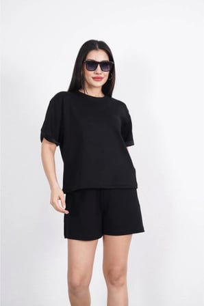 Kadın Osy Modal Yumuşak Dokulu Kumaş Bisiklet Yaka T-shirt Kısa Şort İkili Takım - Siyah