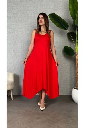 Yakamoz Moda Kırmızı Toka Detaylı İp Askılı Maxi Günlük Elbise S Beden