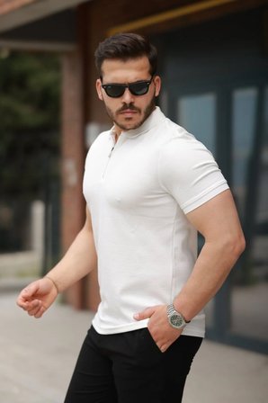 Yakamoz Moda Erkek Tişört Fermuarlı Yaka Kısa Kollu Düz Beyaz 2XL