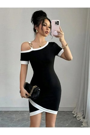 Kadın Kısa Kollu Asimetrik Kesim Yaka Şerit Ve Aksesuar Detaylı Modal Elbise - Siyah