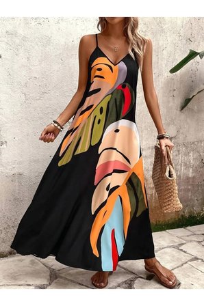 Yakamoz Moda V Yaka Ip Askılı Maxi Günlük Elbise Desenli Süprem