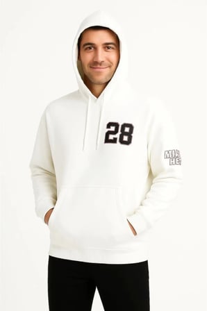Erkek Üç İplik Kapüşonlu Ön Ve Arka Baskılı SweatShirt Hoodie - Beyaz