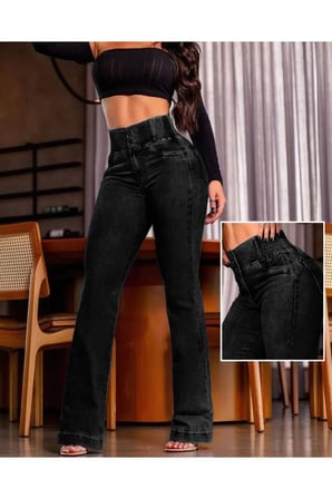 Kadın Yüksek Bel Yanları Lastik önü Düğmeli Kot Pantolon