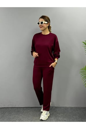 Kadın Uzun Kollu Bisiklet Yaka Viskon Iki Iplik Bluz Ve Pantolon Ikili Takım - Bordo