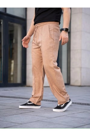 Erkek Keten Cepli Çıma Dikişli Jogger Buggy Pantalon Rahat Kalıp - Kahverengi