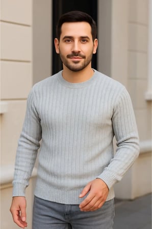 Erkek Bisiklet Yuvarlak Yaka Triko Kazak Pamuklu Kalın Fitilli Dokuma, Regular Fit Uzun Ko