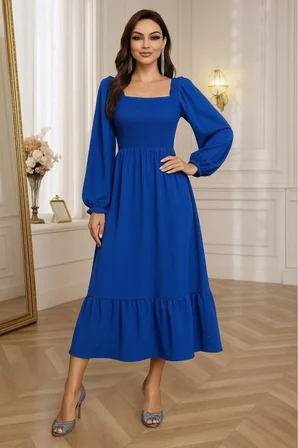Yakamoz Moda Kare Yaka Gipeli Uzun Kollu Mavi Uzun Günlük Elbise