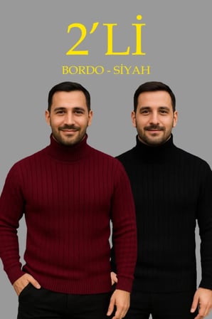 Erkek Fitilli Triko Kazak 2li Set Bordo Siyah Regular Balıkcı Yaka Tam Boğazlı Triko Seti 