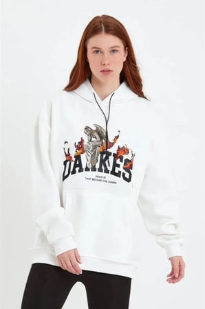 Kadın Dankes Baskılı Kapüşonlu Sweat - Beyaz