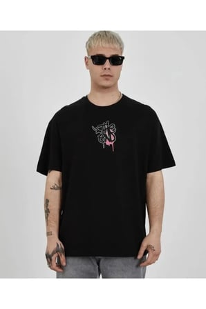 Unisex Bisiklet Yaka Baskılı Oversize T-Shirt - Siyah