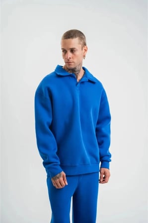 Erkek Patlı Yaka Üç İplik Pamuklu Sweatshirt Double Oversize Rahat Kalıp Günlük Kullanım -