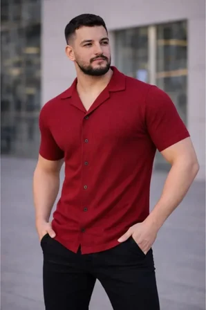 Yakamoz Moda Erkek Waffle Kumaş Kısa Kollu Regular Fit Gömlek Kırmızı S