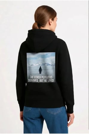Oversize Hoodie - Sırt Baskılı Survivor Penguin Temalı, Felsefi Yazılı Kapüşonlu Sweatshir
