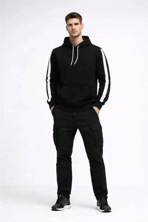 Erkek Şeritli Kapüşonlu Sweatshirt Oversize 3 Iplik Pamuklu - Siyah