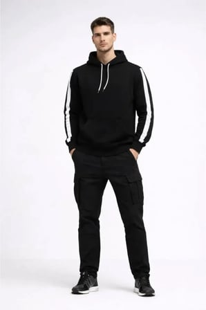 Erkek Şeritli Kapüşonlu Sweatshirt Oversize 3 Iplik Pamuklu - Siyah