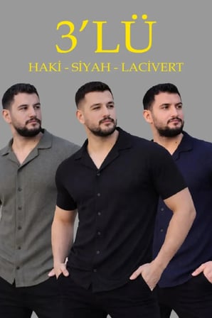 Erkek Waffle Dokuma Açık Yakalı Düğmeli Regular Kalıp 3’lü Gömlek Seti - Siyah, Haki, Laci