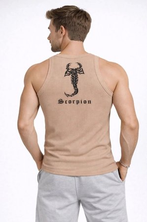 Erkek Fitilli Atlet Sıfır Yaka Slim Fit Arka Baskılı Spor Atlet - Bej