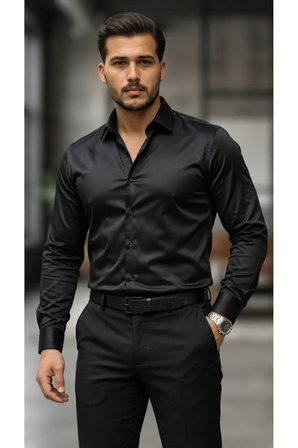 Yakamoz Moda Saten Klasik Yaka Uzun Kol Siyah Gömlek S