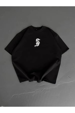 Erkek Baskılı Oversize Bisiklet Yaka T-shirt - Siyah