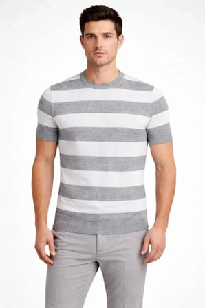 Erkek T-shirt Çizgili Triko Dokuma Bisiklet Yaka Tişört - Gri