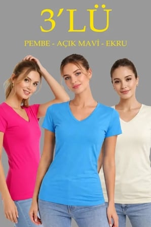 3lü V Yaka Tişört – Kısa Kollu Yazlık Slim Fit Body - Pembe, Açık Mavi, Ekru