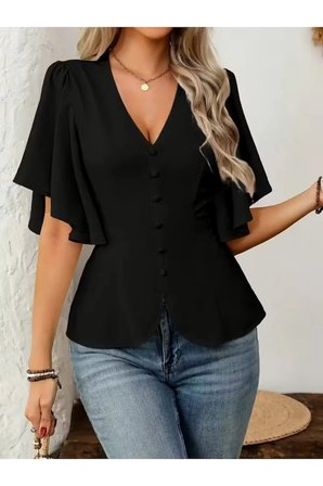 Yakamoz Moda Kadın Bluz Kısa Kollu Ön Düğmeli İthal Krep Siyah