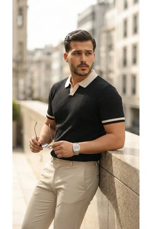 Yakamoz Moda Erkek Polo Yaka File Desenli Kısa Kollu Tişört XL