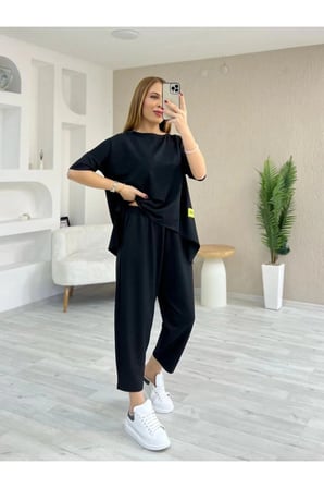 Kadın Kısa Kollu Bisiklet Yaka Viskon Iki Iplik Bluz Ve Pantolon Ikili Takım - Siyah