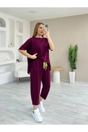 Kadın Kısa Kollu Bisiklet Yaka Viskon Iki Iplik Bluz Ve Pantolon Ikili Takım - Bordo