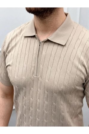 Yakamoz Moda Triko Polo Yaka Fermuarlı Saç Örgü Erkek Tişört Bej M Beden