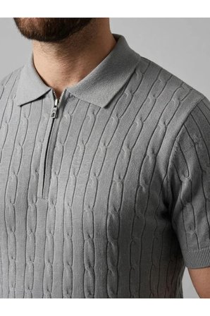 Yakamoz Moda Erkek Triko Tişört Polo Yaka Fermuarlı Saç Örgü Kısa Kol Gri M Beden