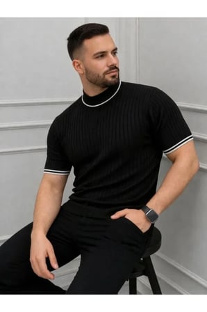 Erkek Fitilli Triko Dokuma Kısa Kol Tişört Yarım Boğaz Modern Yazlık T-Shirt - Siyah