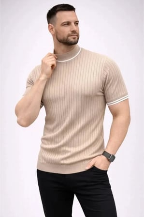 özssa Erkek Fitilli Triko Dokuma Kısa Kol Tişört Yarım Boğaz Modern Yazlık T-Shirt - Bej