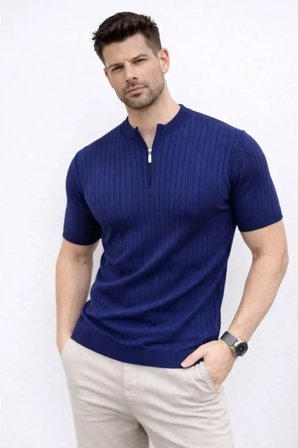 Erkek Kısa Kol Fitilli Triko T-Shirt Yazlık Hakim Yaka Tişört Bluz - Lacivert